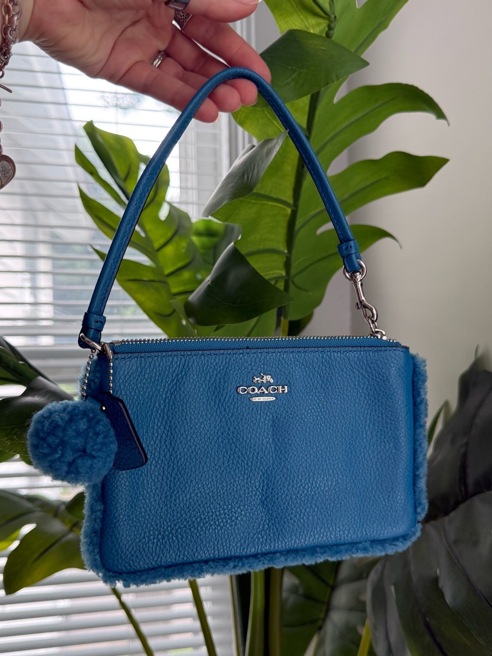 Coach Blue Leather Shearling Trim Wristlet